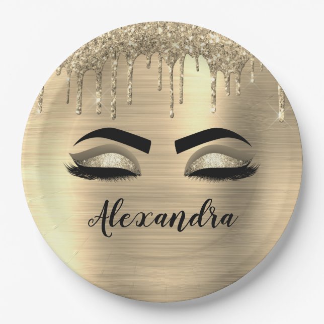 Gold Glitter Sparkle Eyelashes Monogram Name Paper Plate (Front)