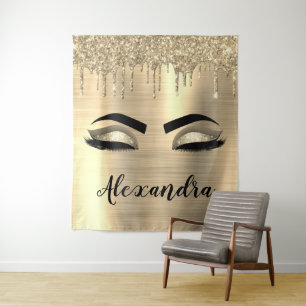 Gold Glitter Sparkle Eyelashes Monogram Name Tapestry