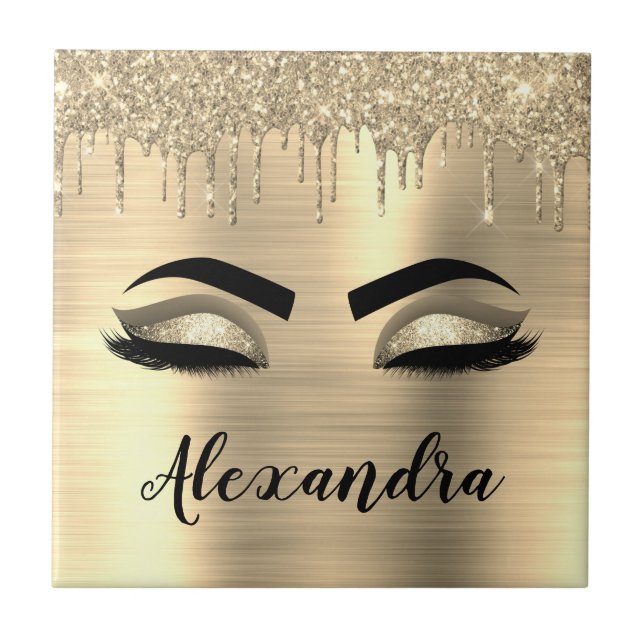 Gold Glitter Sparkle Eyelashes Monogram Name Tile (Front)