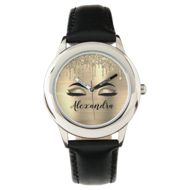 Gold Glitter Sparkle Eyelashes Monogram Name Watch (Front)