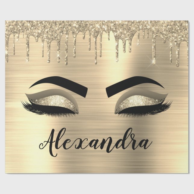 Gold Glitter Sparkle Eyelashes Monogram Name Wrapping Paper (Flat)