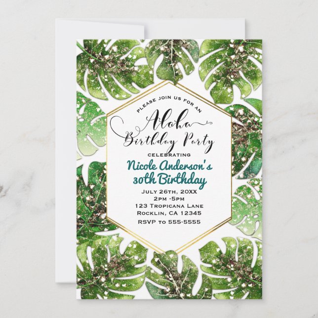 Gold Glitter Sparkle Glam Tropical Leaves Party Invitation (Front)