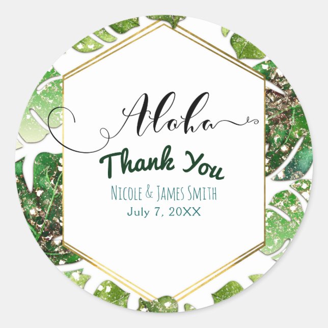 Gold Glitter Sparkle Glam Tropical Leaves Wedding Classic Round Sticker (Front)