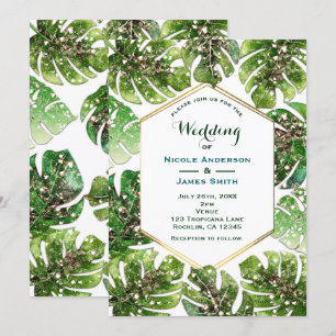 Gold Glitter Sparkle Glam Tropical Leaves Wedding Invitation
