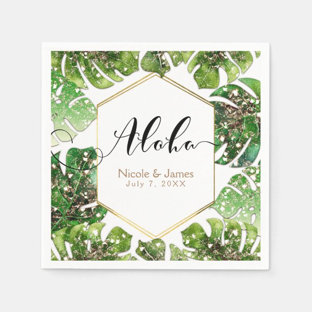 Gold Glitter Sparkle Glam Tropical Leaves Wedding Napkin (Front)