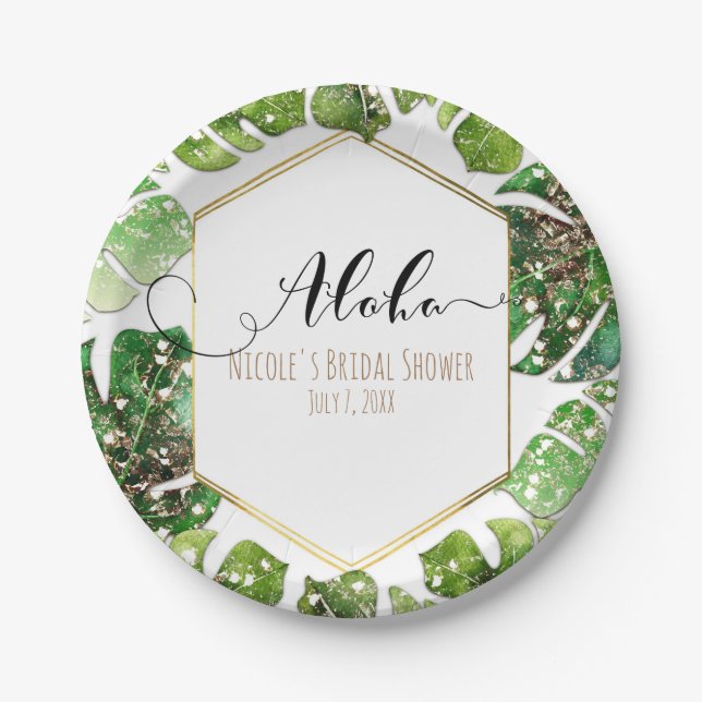 Gold Glitter Sparkle Glam Tropical Leaves Wedding Paper Plate (Front)