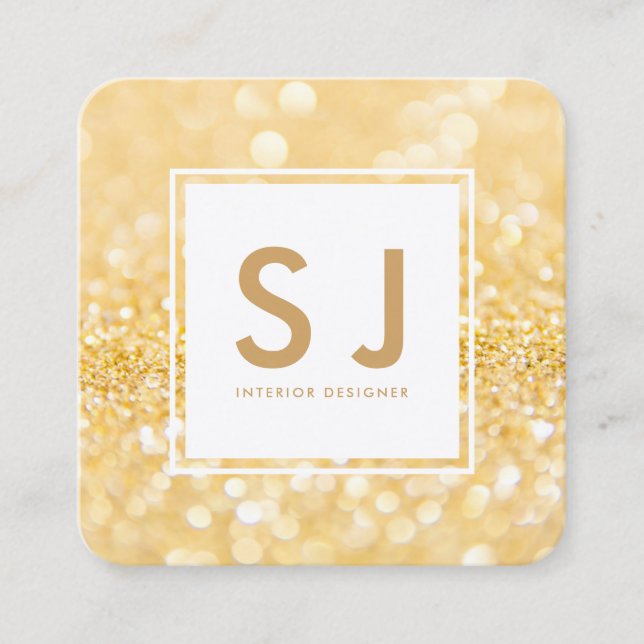 Gold Glitter Sparkle Modern Interior Designer Square Business Card (Front)