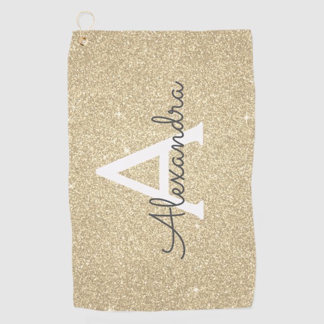 Gold Glitter & Sparkle Monogram Name Golf Towel (Front)