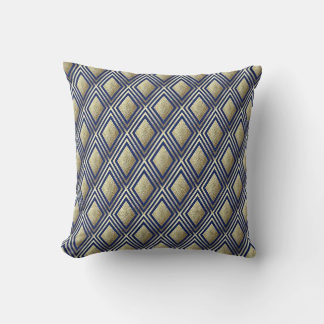 Gold Glitter Sparkle Navy Blue Diamond Pattern Throw Pillow (Front)