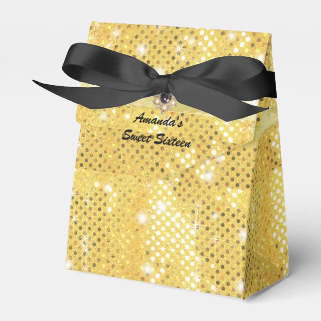 Gold Glitter Sparkle Satin Ribbon Personalized Favor Box (Front Side)