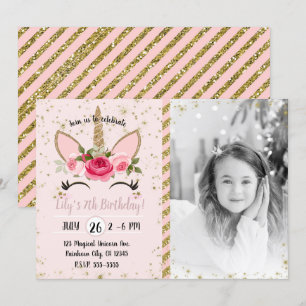 Gold Glitter Sparkle Unicorn Birthday Party Photo Invitation