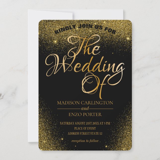 Gold Glitter Sparkles Black Background Invitation (Front)