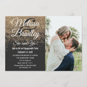 Gold Glitter Sparkles Black Engagement Invitation
