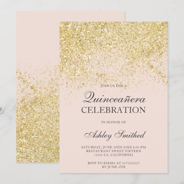 Gold glitter sparkles blush chic Quinceañera Invitation (Front/Back)