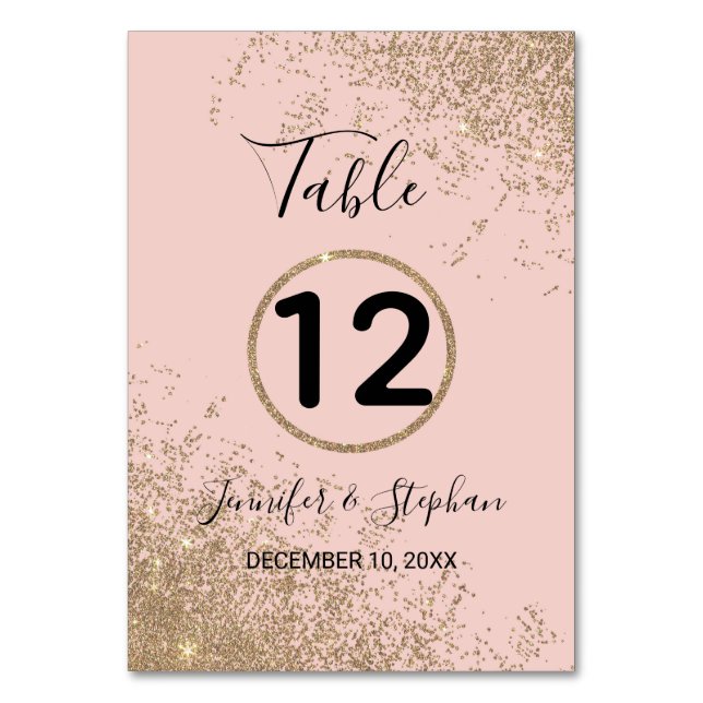 Gold Glitter Sparkles Blush Pink Table Numbers (Front)