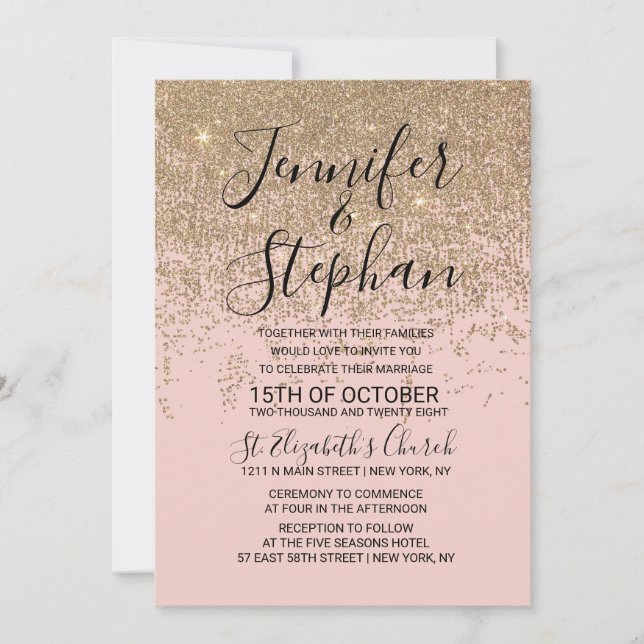 Gold Glitter Sparkles Blush Pink Wedding Invitation (Front)