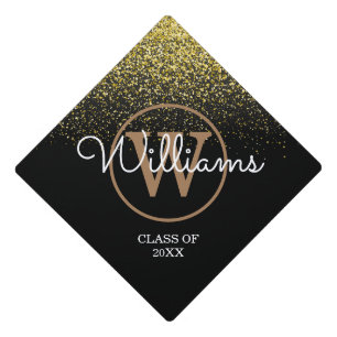 Gold Glitter Sparkles Monogram Script Name Graduation Cap Topper