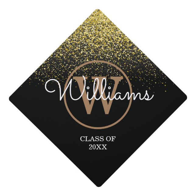 Gold Glitter Sparkles Monogram Script Name Graduation Cap Topper (Front)
