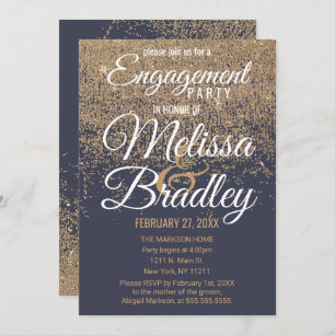 Gold Glitter Sparkles Navy Blue Engagement Invitation