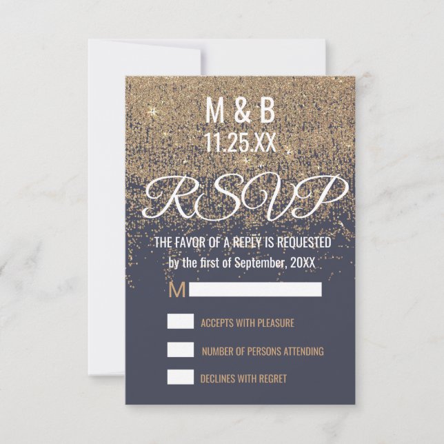 Gold Glitter Sparkles Navy Blue RSVP Card (Front)
