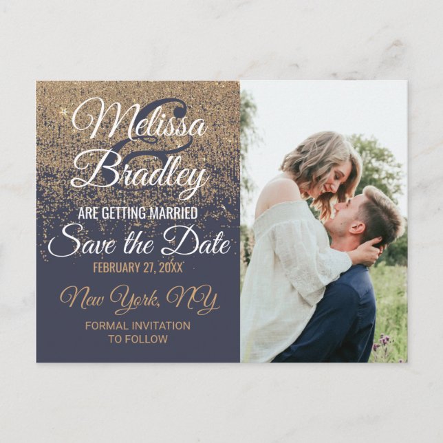 Gold Glitter Sparkles Navy Blue Save the Dates Announcement Postcard (Front)