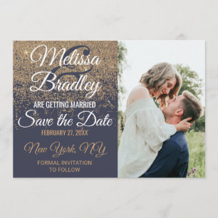 Gold Glitter Sparkles Navy Blue Save the Dates Invitation