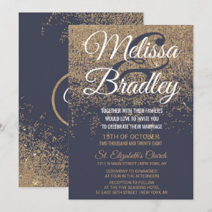 Gold Glitter Sparkles Navy Blue Wedding Invitation