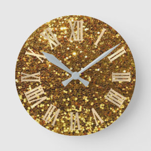 Gold Glitter Sparkly Metallic Roman Numers Round Clock