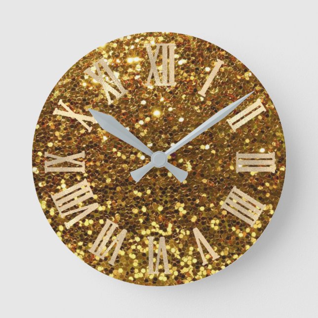 Gold Glitter Sparkly Metallic Roman Numers Round Clock (Front)