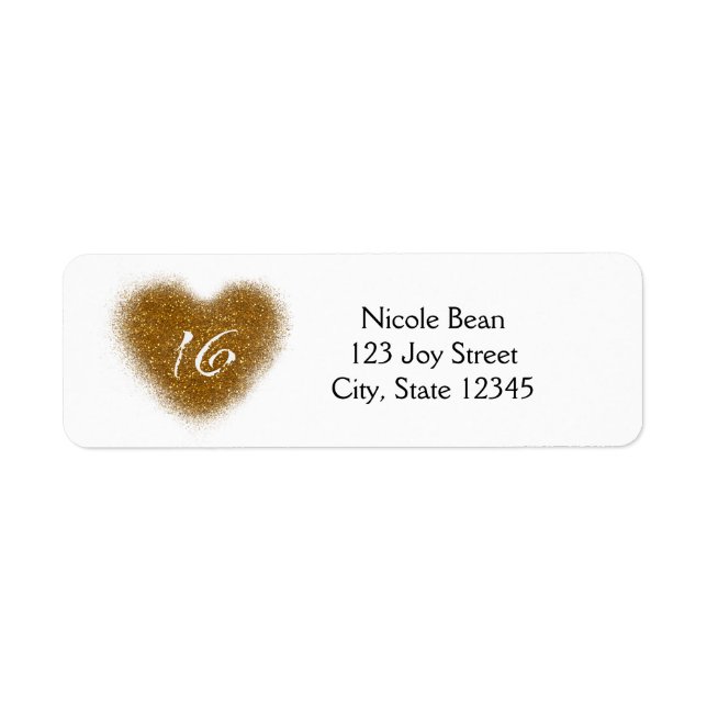 Gold Glitter Spill Sweet 16 Heart Party Labels (Front)