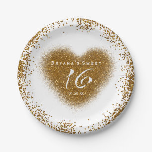 Gold Glitter Spill Sweet 16 Heart Party Plates