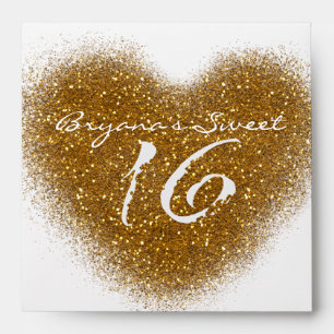 Gold Glitter Spill Sweet 16 Heart Square Envelope