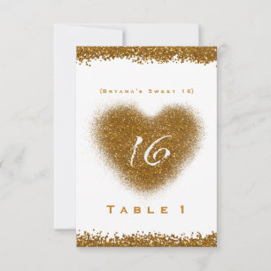 Gold Glitter Spill Sweet 16 Heart Table Number