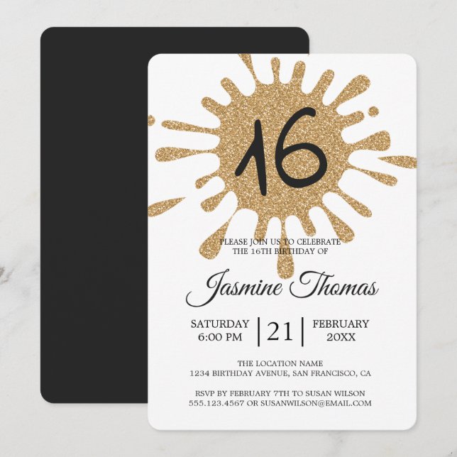 Gold Glitter Splash Sweet 16 16th Birthday Party Invitation (Front/Back)