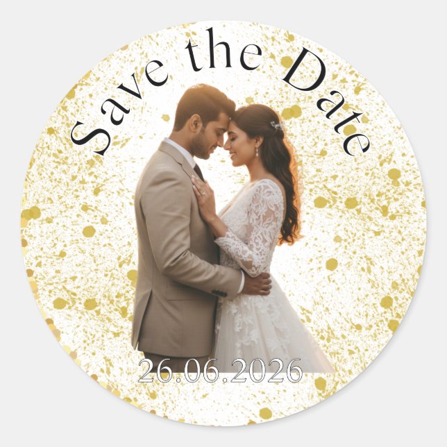 Gold Glitter Splatter Wedding Save the Date Classic Round Sticker (Front)