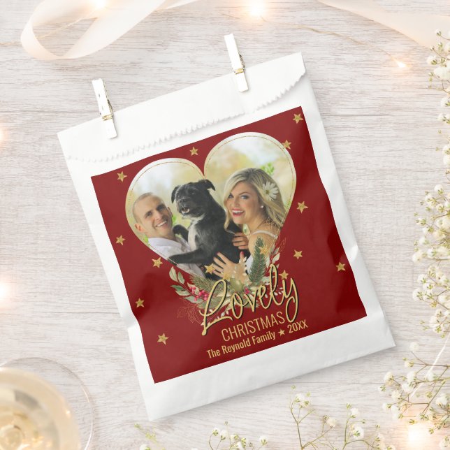 Gold Glitter Star Heart Photo Lovely Christmas Red Favour Bag (Clipped)