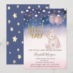 Gold Glitter Star,Teddy Bear Balloons Baby Shower  Invitation