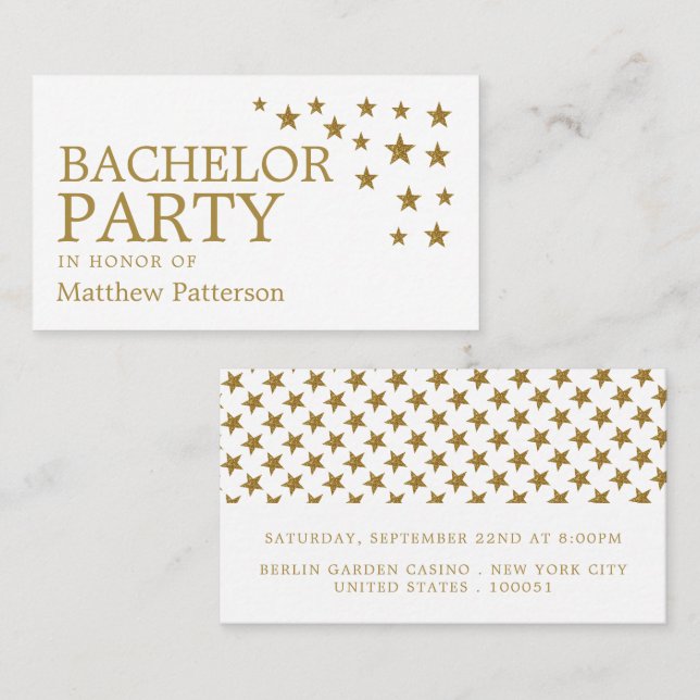 Gold Glitter Stars, Bachelor Party Ticket Invite (Front/Back)