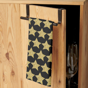 Gold Glitter Stars Black Kitchen Towel