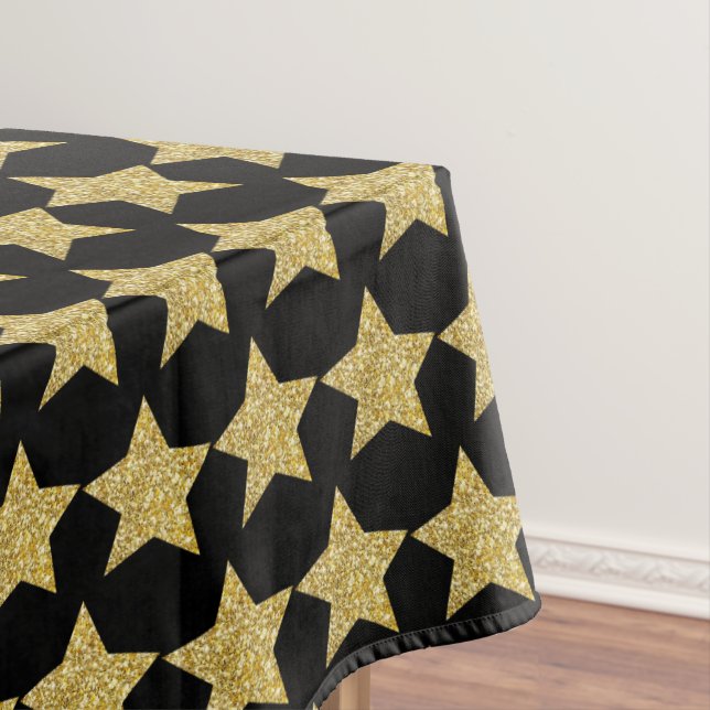 Gold Glitter Stars Black Tablecloth (In Situ)