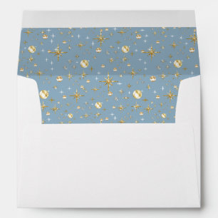 Gold glitter stars, blue and gold envelope