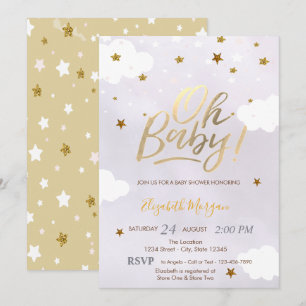 Gold Glitter Stars Clouds Lavender Baby Shower Invitation