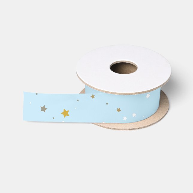Gold Glitter Stars Girls Birthday Blue Satin Ribbon (Spool)