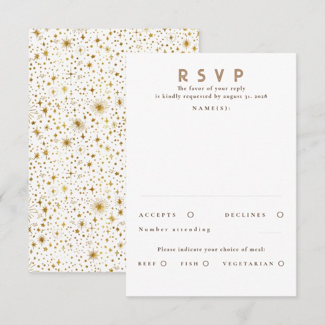 Gold Glitter Stars Modern Wedding RSVP (Front/Back)