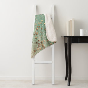 Gold Glitter Stars on  Green Burlap Sherpa Blanket
