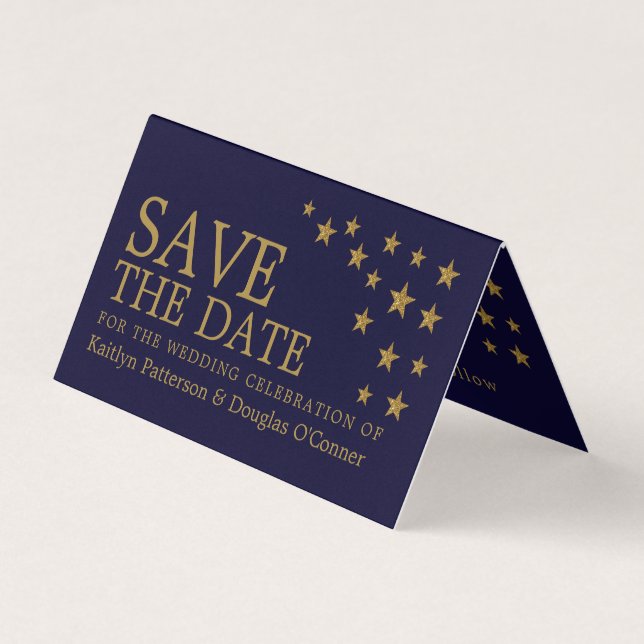 Gold Glitter Stars Photo Save The Date Card (Front)