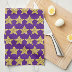 Gold Glitter Stars Purple Kitchen Towel
