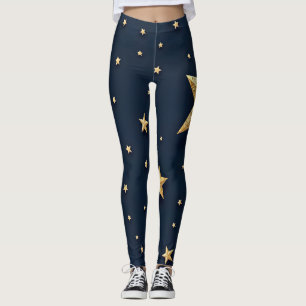Gold glitter stars scattered across a deep navy leggings