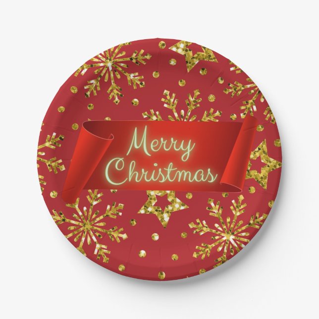 Gold Glitter Stars & Snowflakes Paper Plate (Front)