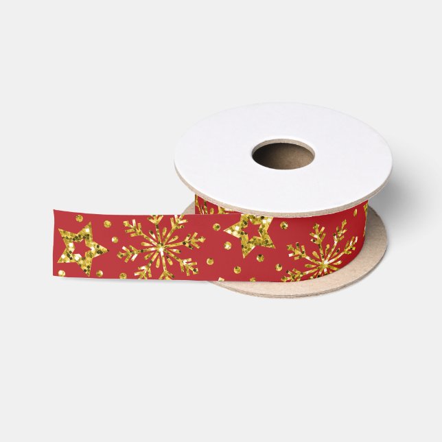 Gold Glitter Stars & Snowflakes Satin Ribbon (Spool)